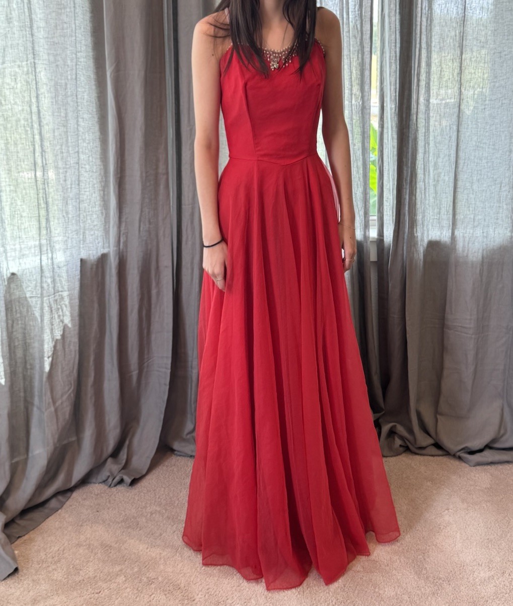 60s Vintage Bright Pink Spaghetti Strap Evening Gown With Chiffon Overlay Size S