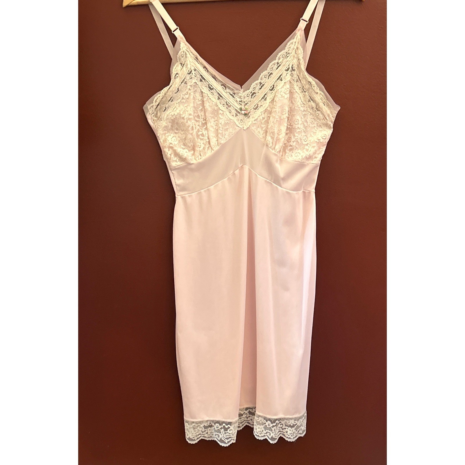 Vintage Unbranded Full Slip Dress Coquette Balletcore Pink Lace Trim Rosebud