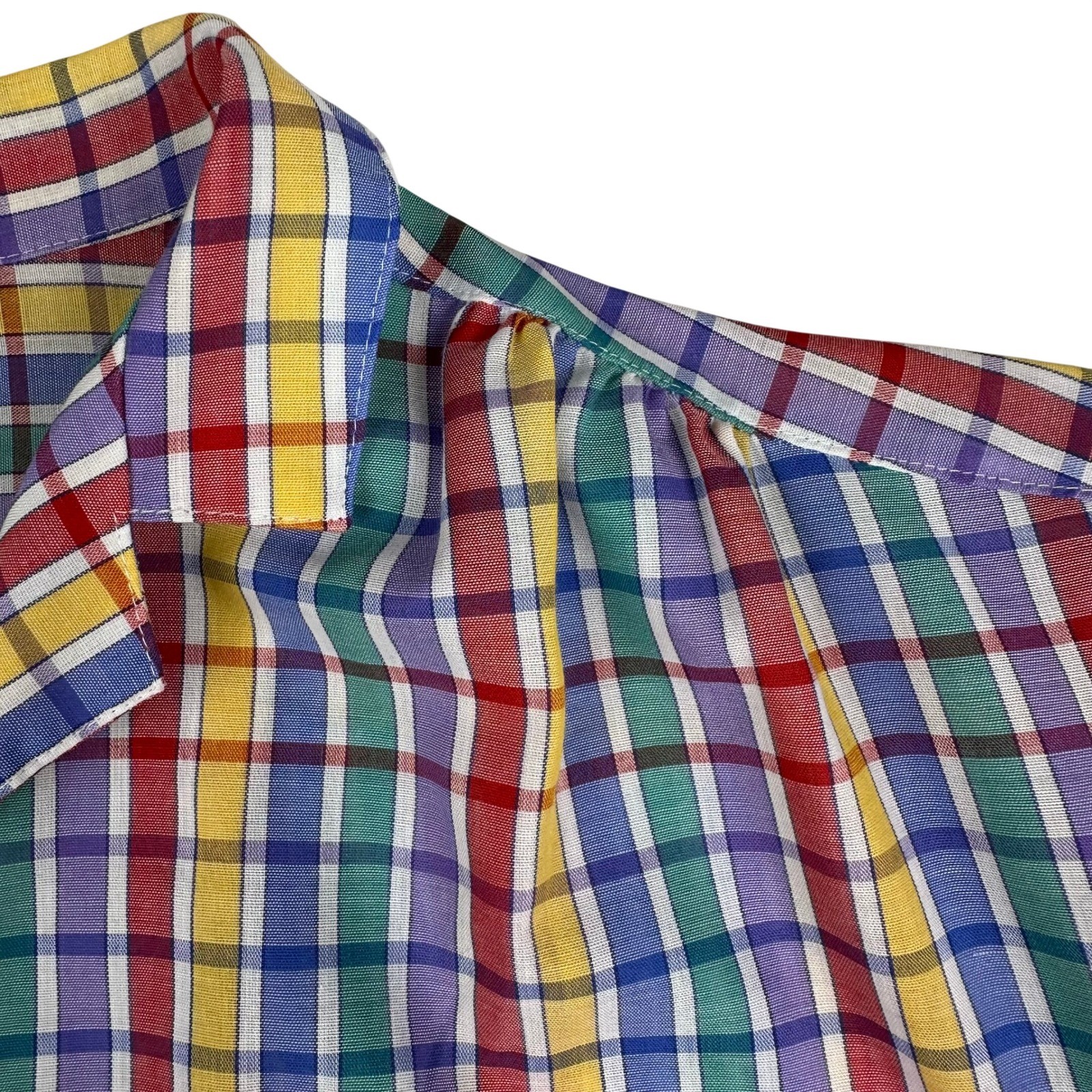 Vtg 70s Koret Rainbow Gingham Plaid Short Sleeve Button Down Shirt Multicolor