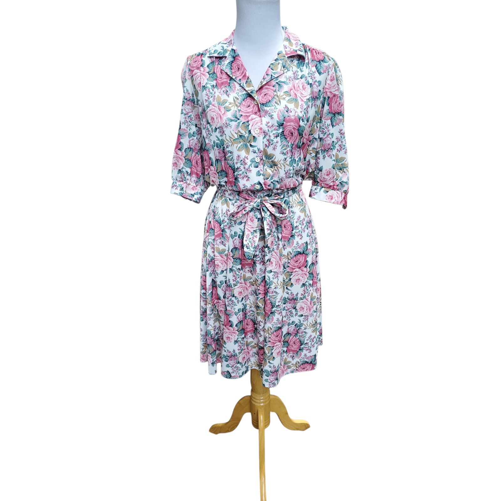 Vintage Shirt Dress Floral Cottage Grandma Romantic Pink Green Belted Fits XS/S