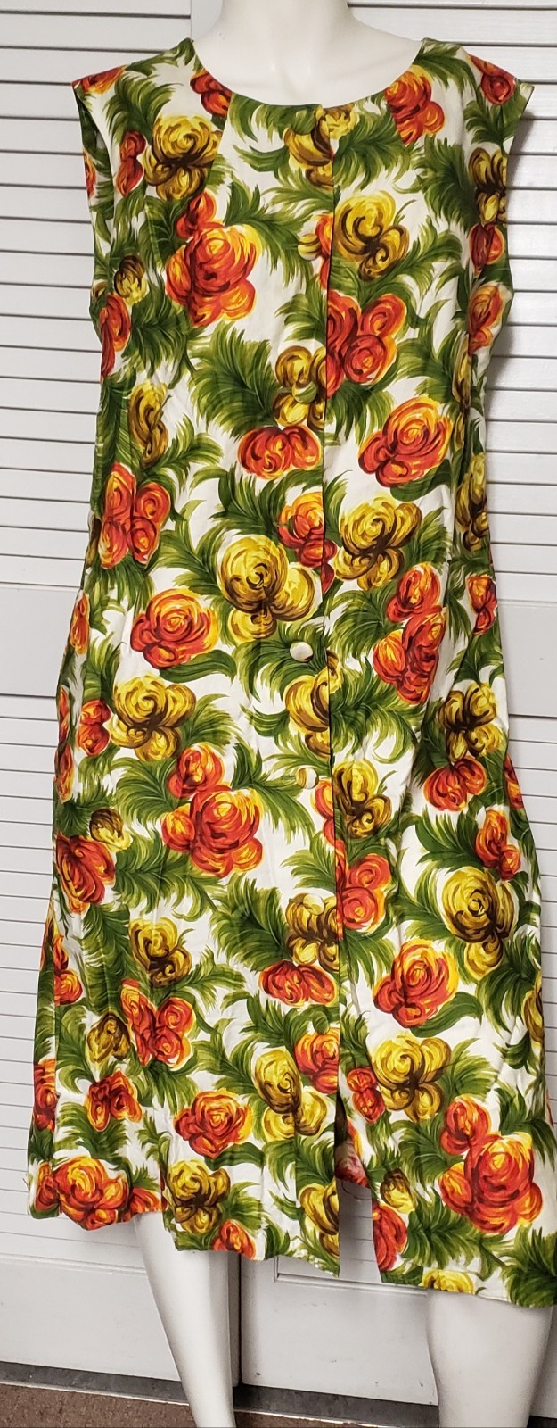 Vintage Royal Surf Button Front Hawaiian Floral Sheath Dress 38&Prime; Bust Sz 14 16 L