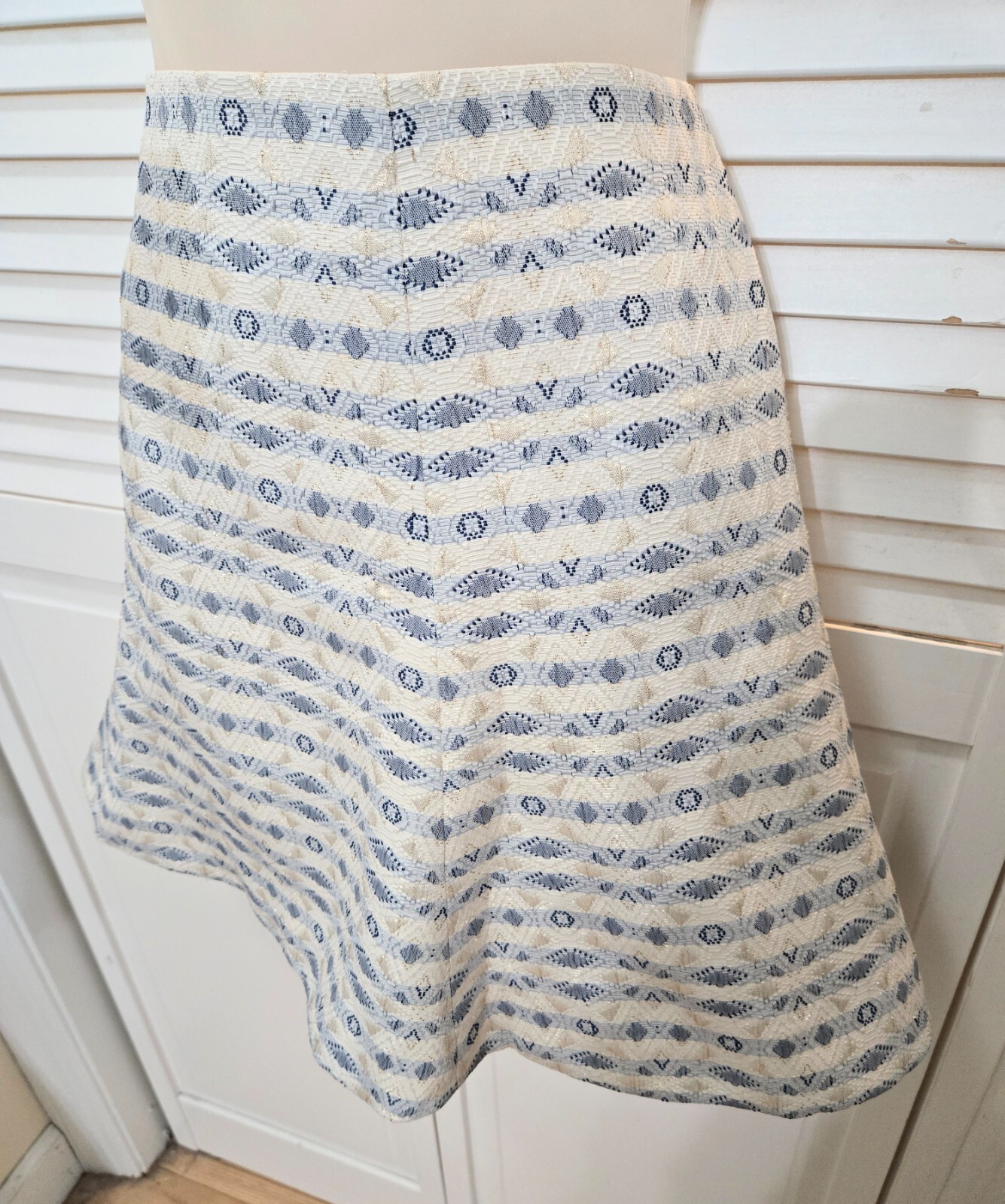 Vntg Y2K J Crew White Blue Gold Brocade Jacquard A-line mini skirt Size 8 Preppy