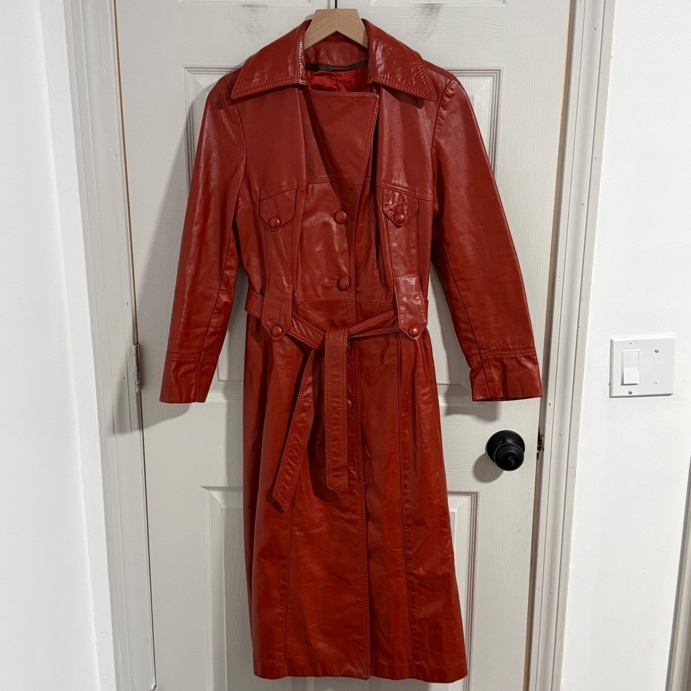 Vtg Leathercraft Process Leather Trench Coat Women 8 Belted USA Made Classic