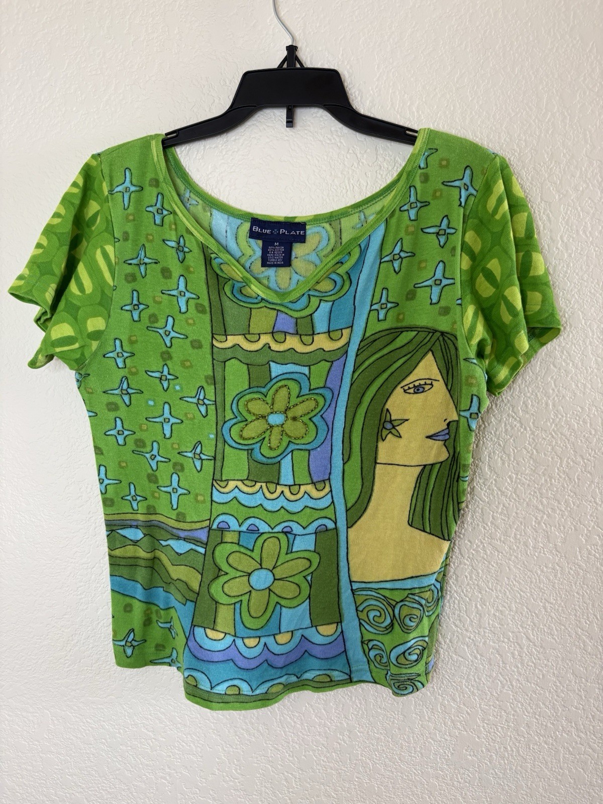 vtg 90s 2000s Y2K blue plate green blue beaded funky patterned crop top size M