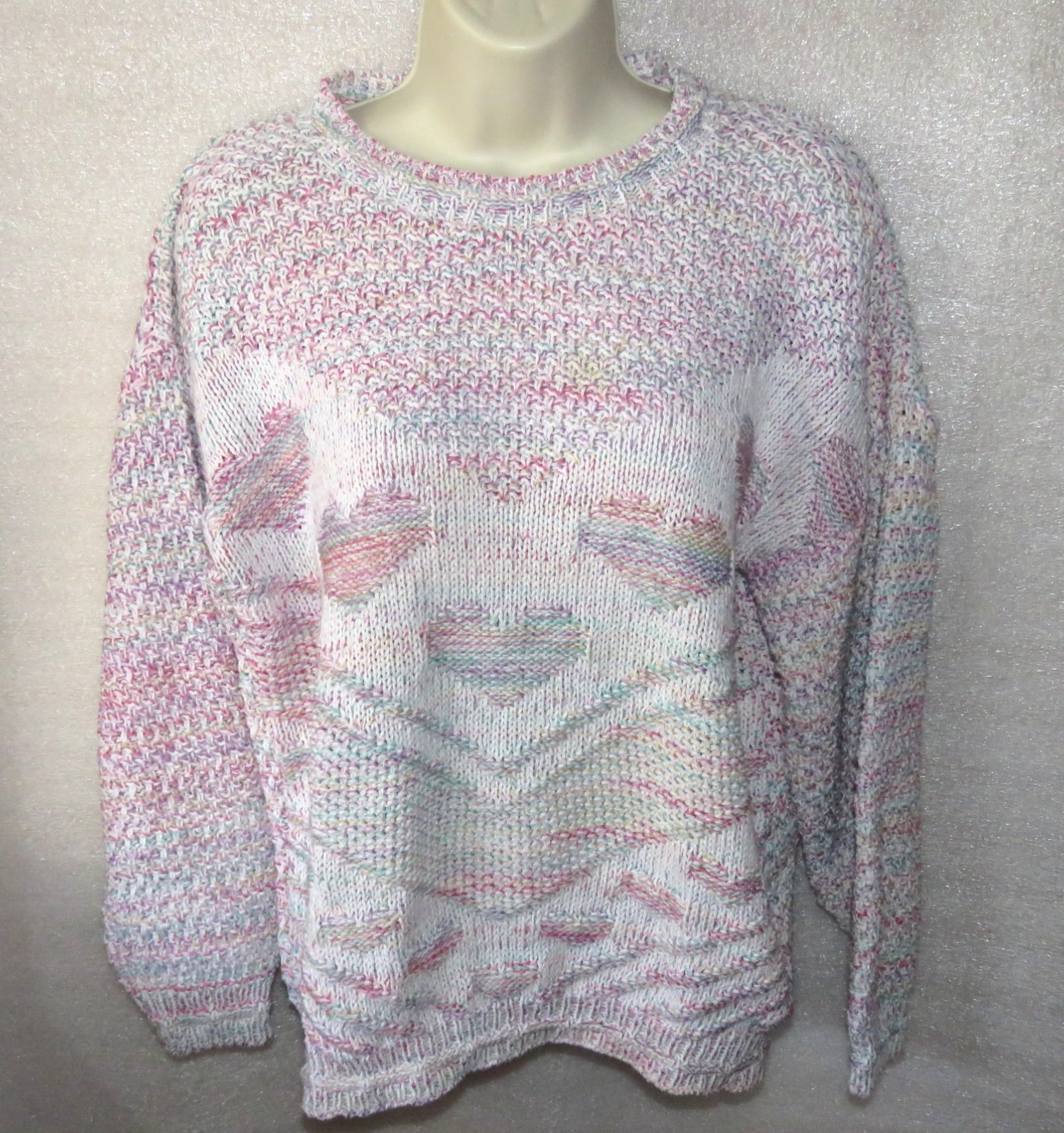 VTG United States Sweater Womens LARGE Pastel Knit Hearts Cotton Blend 80-90s