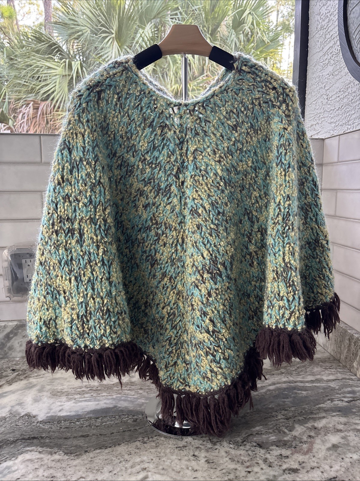 Vintage Wool Poncho Handmade W/Drawstring Opening Fringe Aqua Blue Yellow Brown