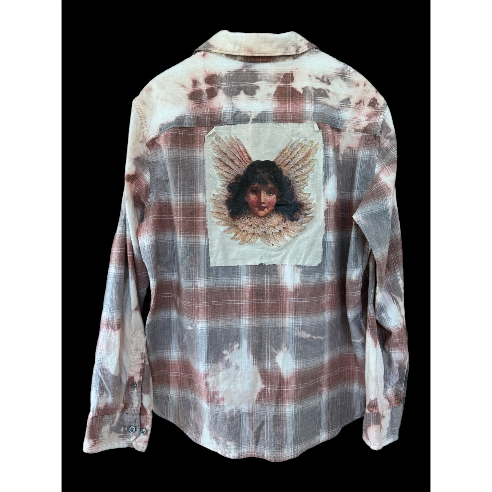 Upcycled Angel Patch Flannel Shirt Boho Folk Art Bleached Large