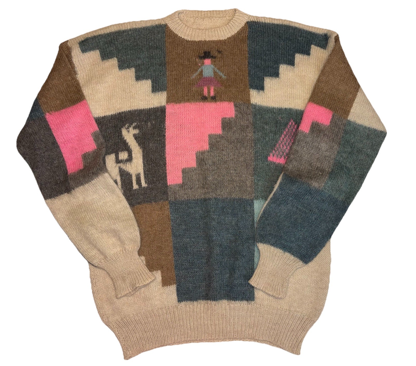Vintage Handmade Colorful Wool Sweater Andean Pattern Llama Crew Neck Size XL