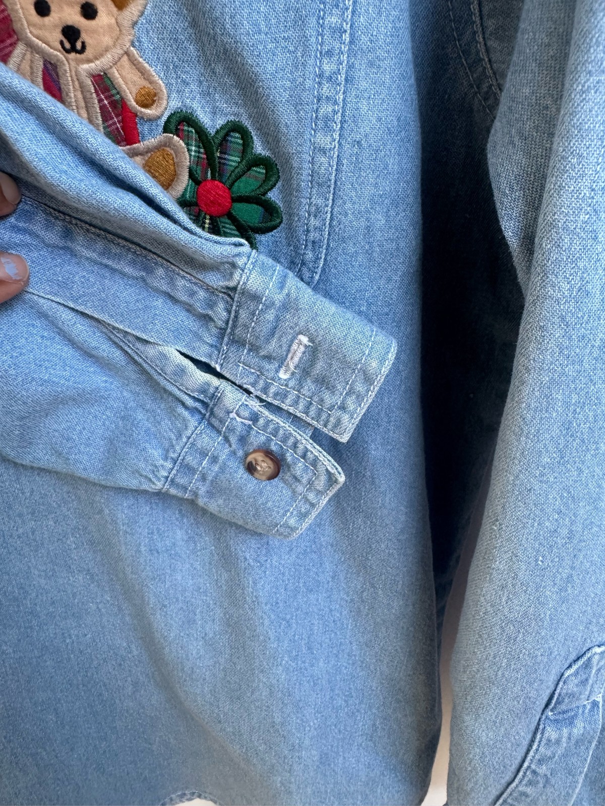 Solution Denim Shirt Teddy Bear Honey Plaid Heart Embroidered Button Up
