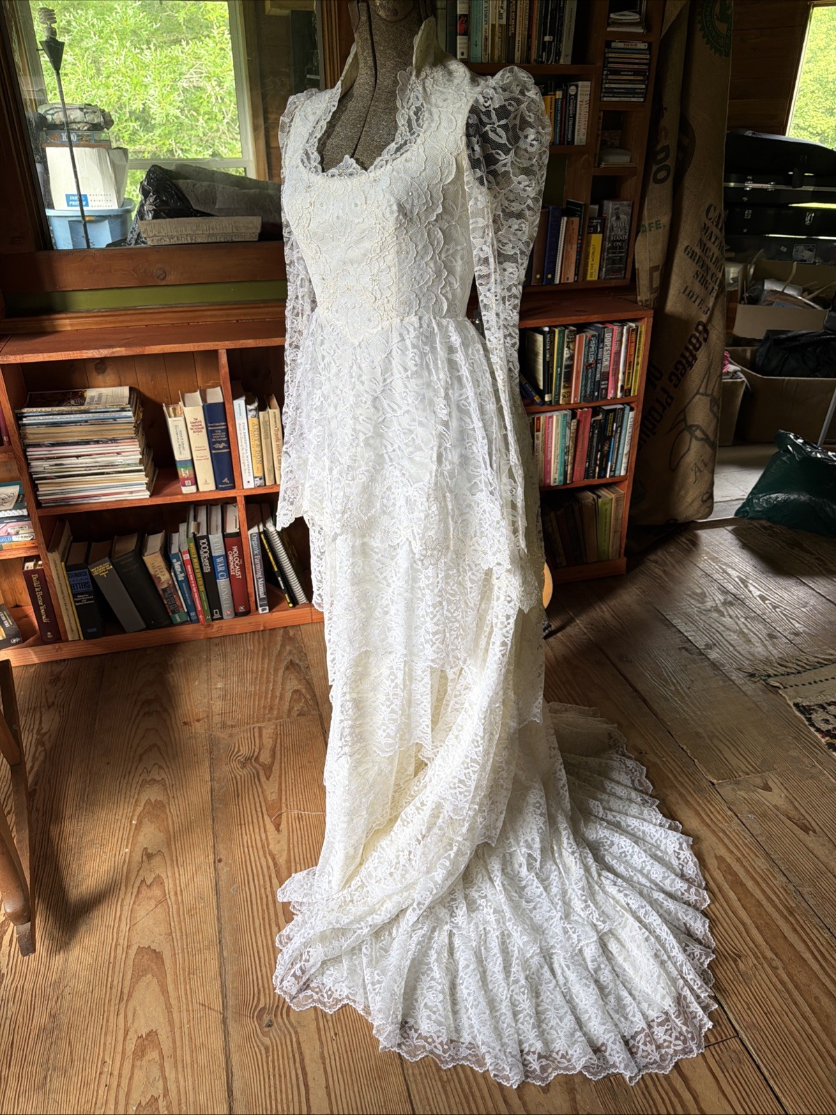 Bridallure Alfred Angelo Vintage Wedding Dress, Lace, Ruffled Tiered Long Sleeve
