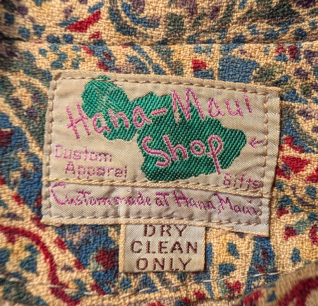 vtg 40&rsquo;s Hana Maui Hawaiian pake muu Bark Cloth Asian long Dress 36/38 bust