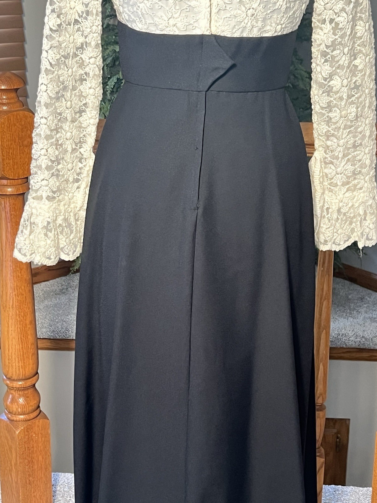 Vintage Custom Made Black Ivory Lace Maxi Dress Front Zip Mod Boho Prairie