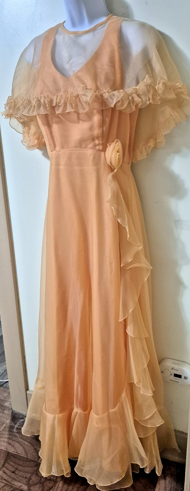 Vintage 60s /70s Orange Chiffon Prom Dress With Choffin Cape Size 12