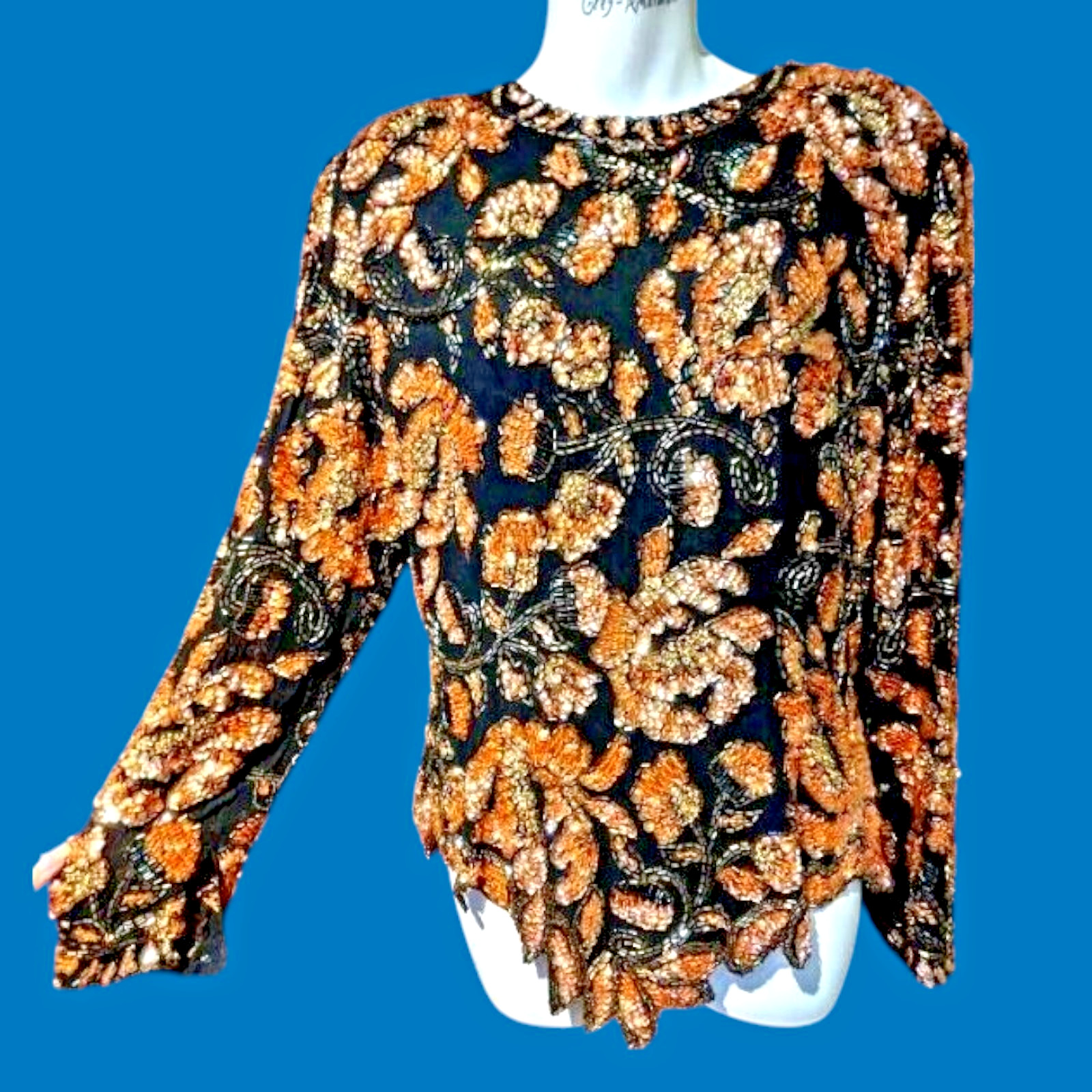 Black Tie by He-Ro orange black Beaded Sequined Blouse 100% Silk Sz 12 L Top 4C