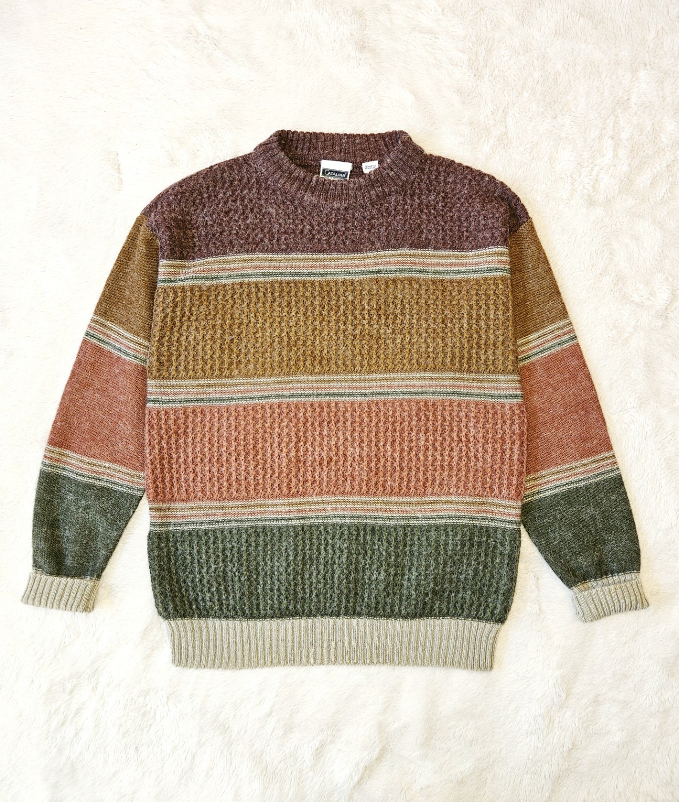 Catalina VTG 80&rsquo;s Women&rsquo;s Knitted Striped Crewneck Sweater Textured Earth-tone L