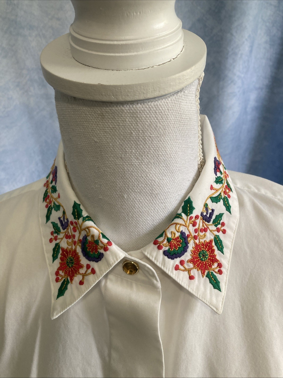 VTG 80s 90s Jacobsons White Embroidered Collar Blouse Christmas Floral Secretary