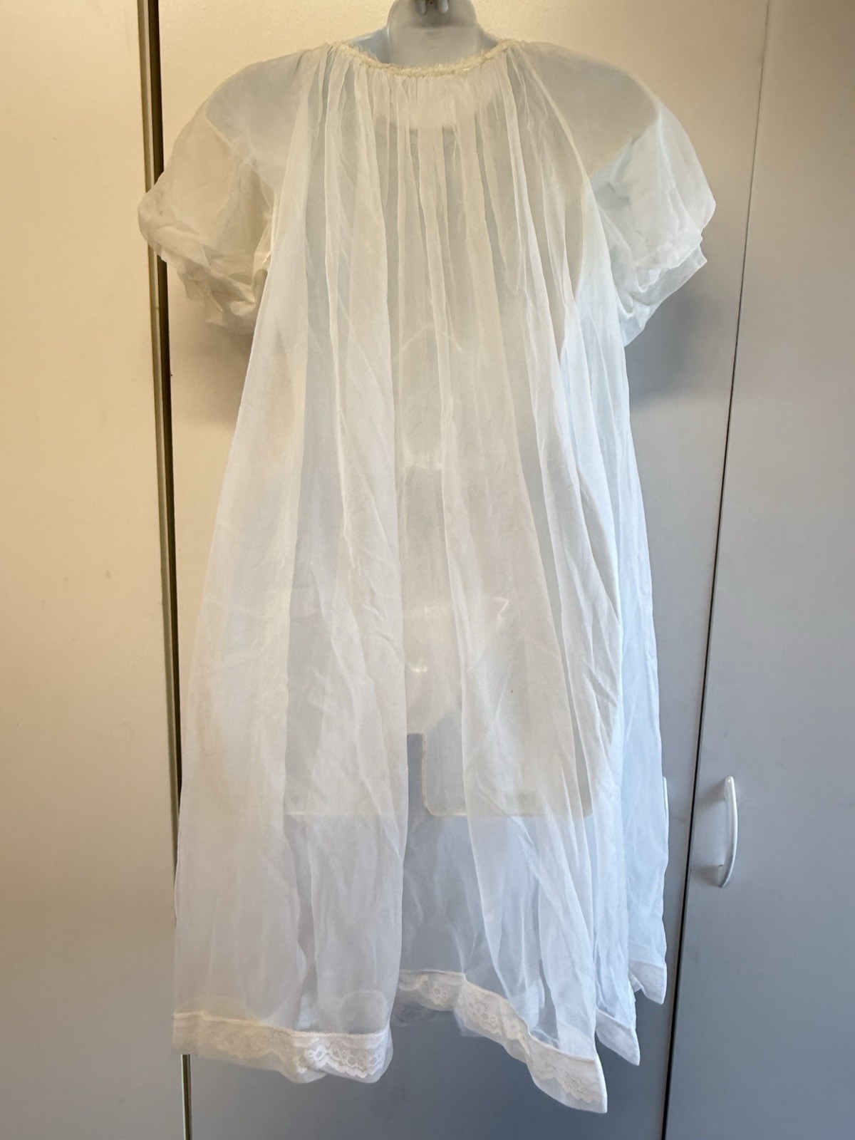 Vtg 50s Miss Elaine White Lace Chiffon Nylon Nightgown Lingerie & Slippers Sz S