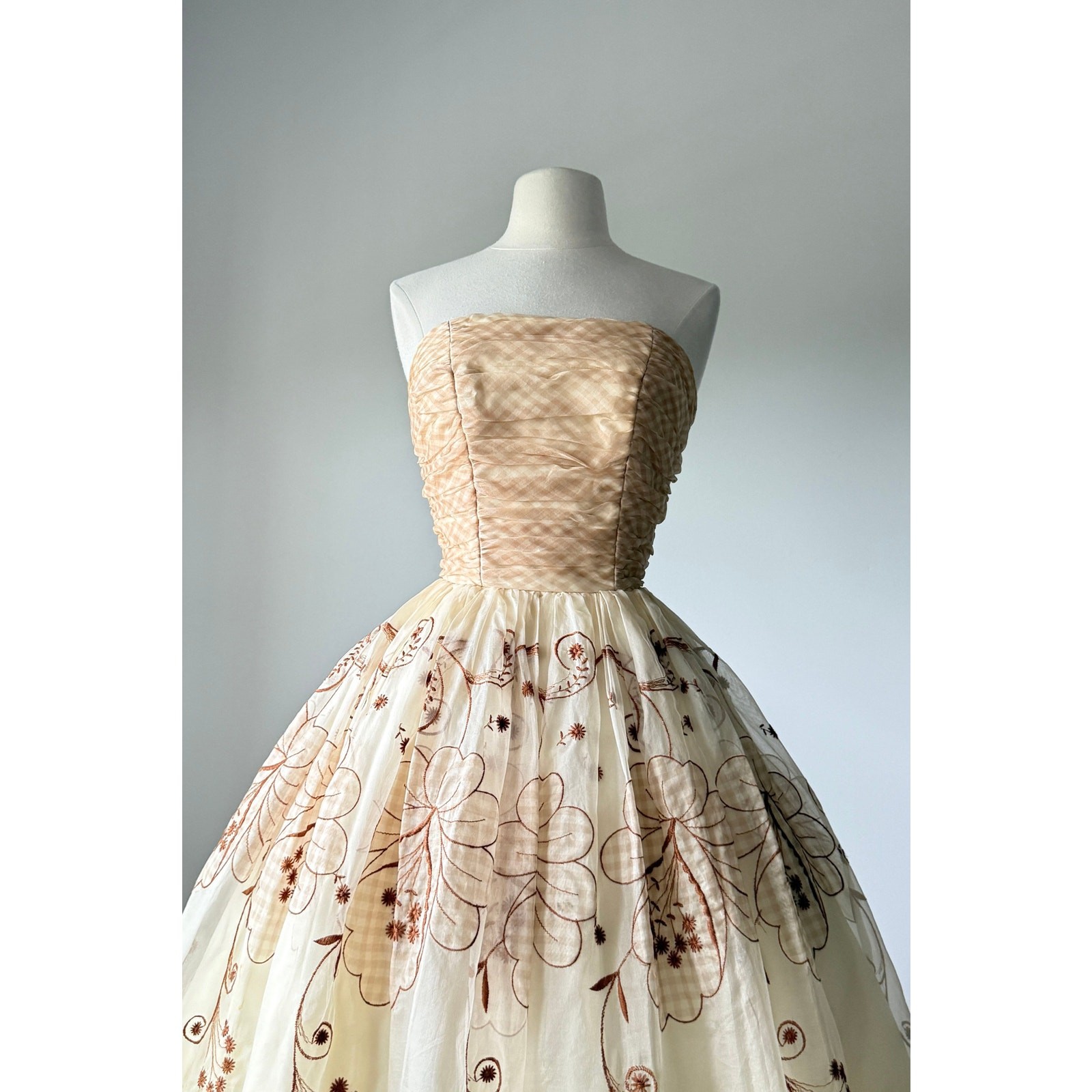 Vintage 1950s Gingham Organza Strapless Prom Party Wedding Dress XS
