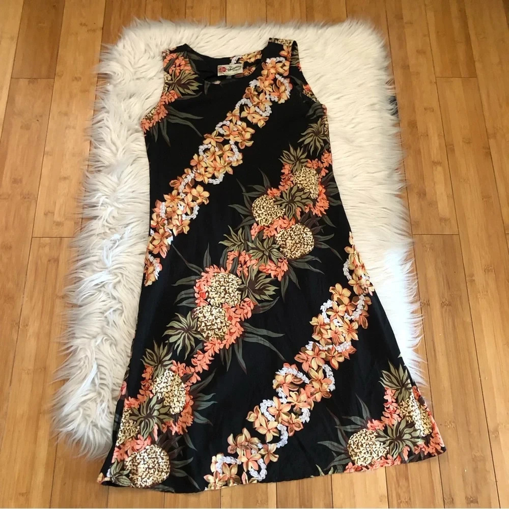 Vintage Hilo Hattie Hawaiian Pineapple Hibiscus Print Sleeveless Black Dress S