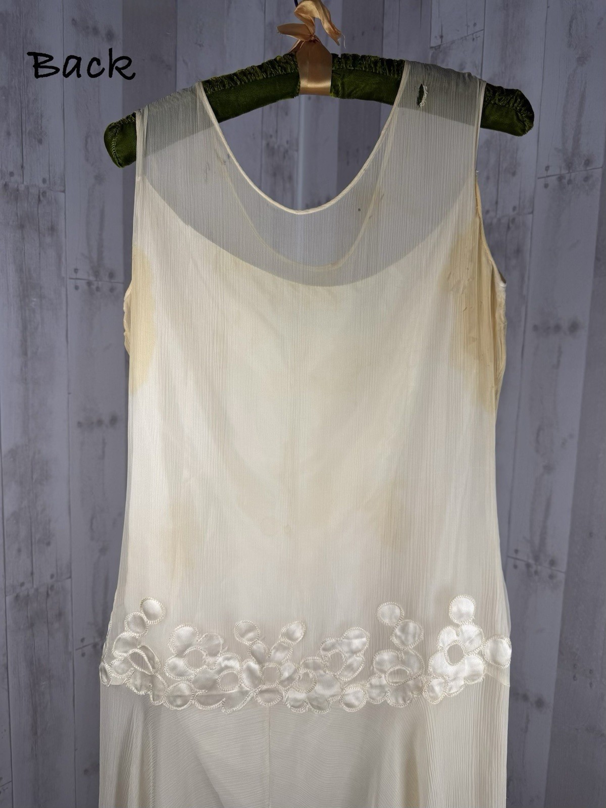 Vintage Antique 1920s Silk Flapper Wedding Dress Ivory Appliqué As-Is WOUNDED