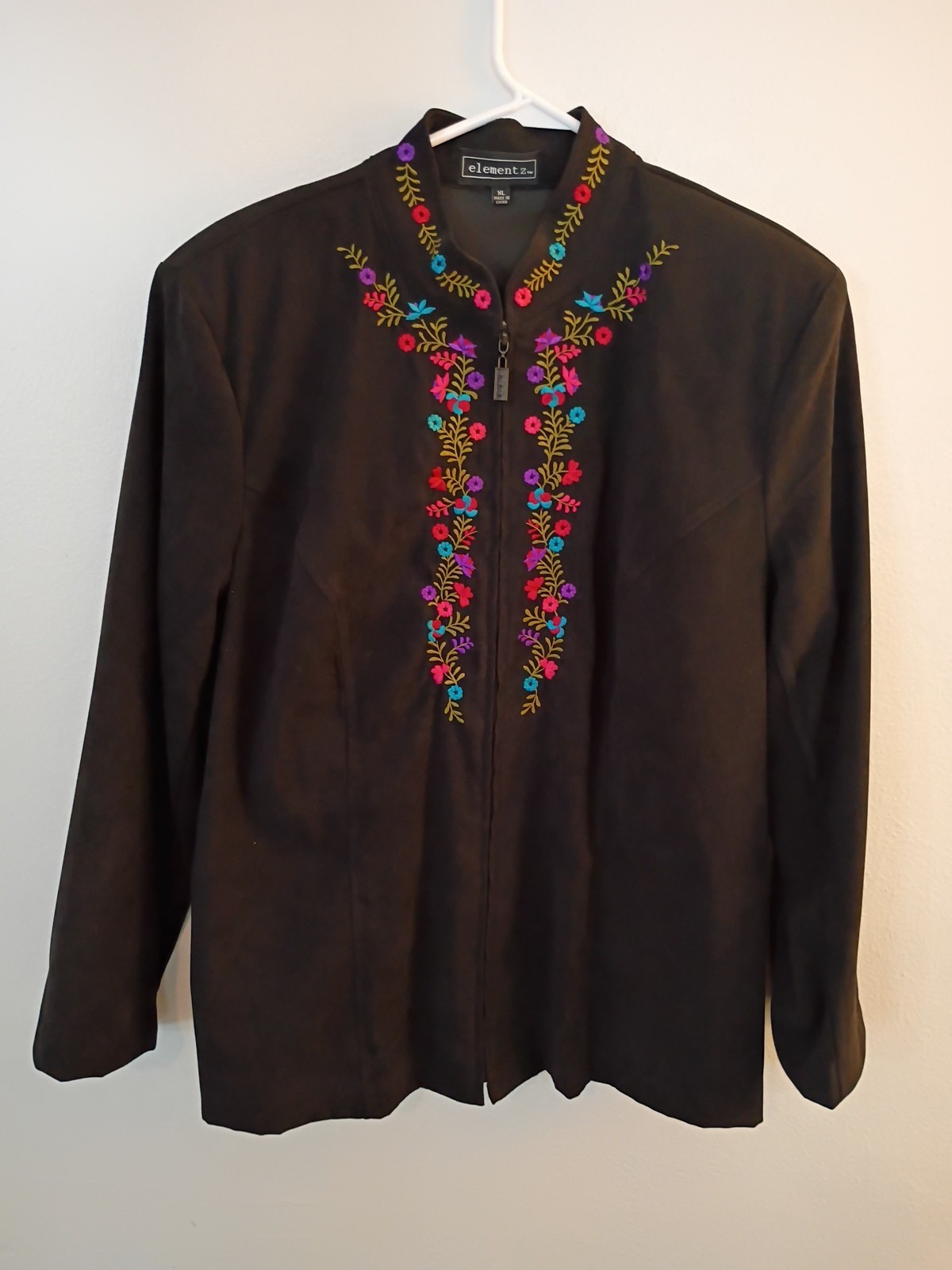 Elementaz Zip Cardigan Sz XL Black W Floral Embroidery Shoulder Pads Vtg