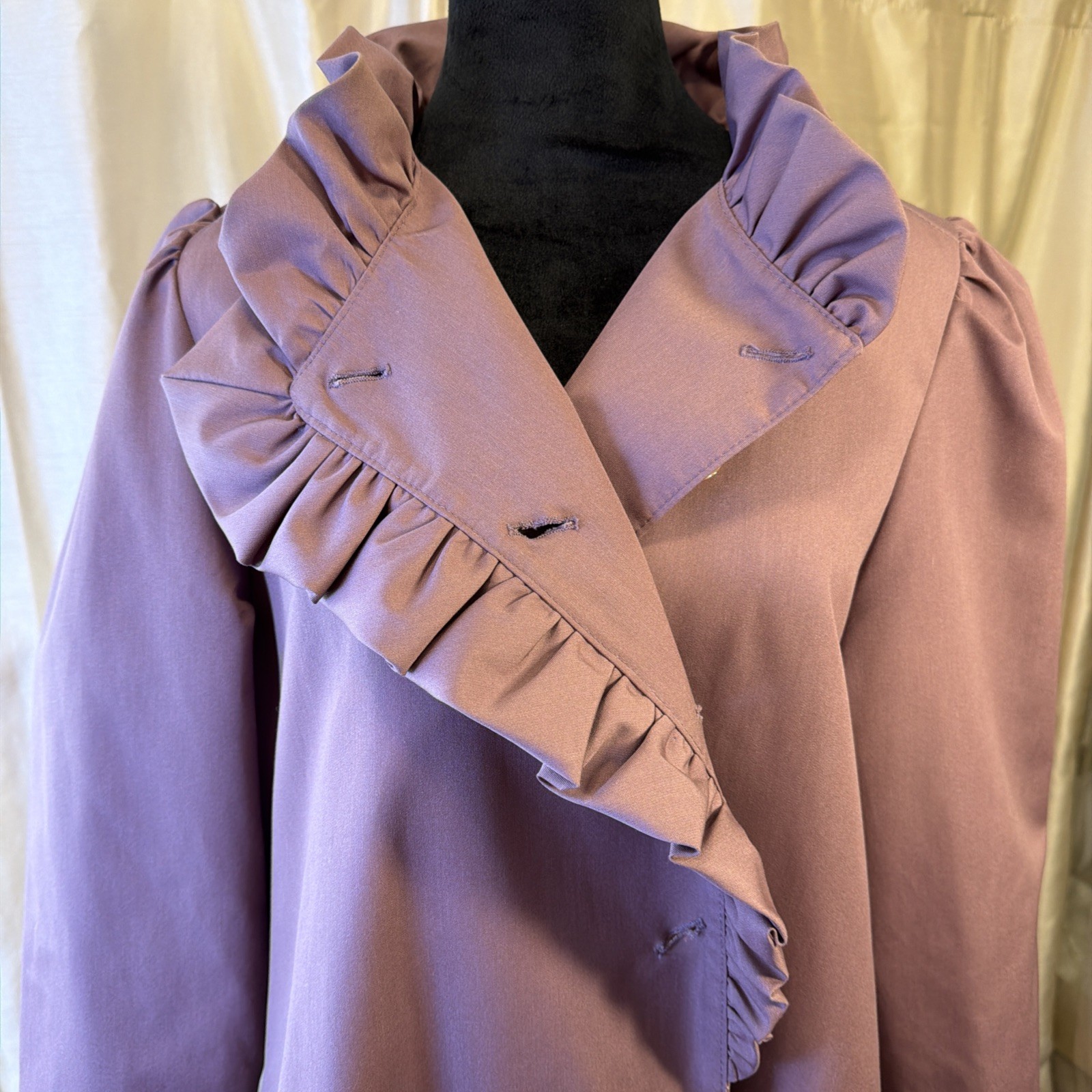 Misty Harbor Mauve Ruffled Gathered Long Rain Trench Coat SZ 12 80&rsquo;s