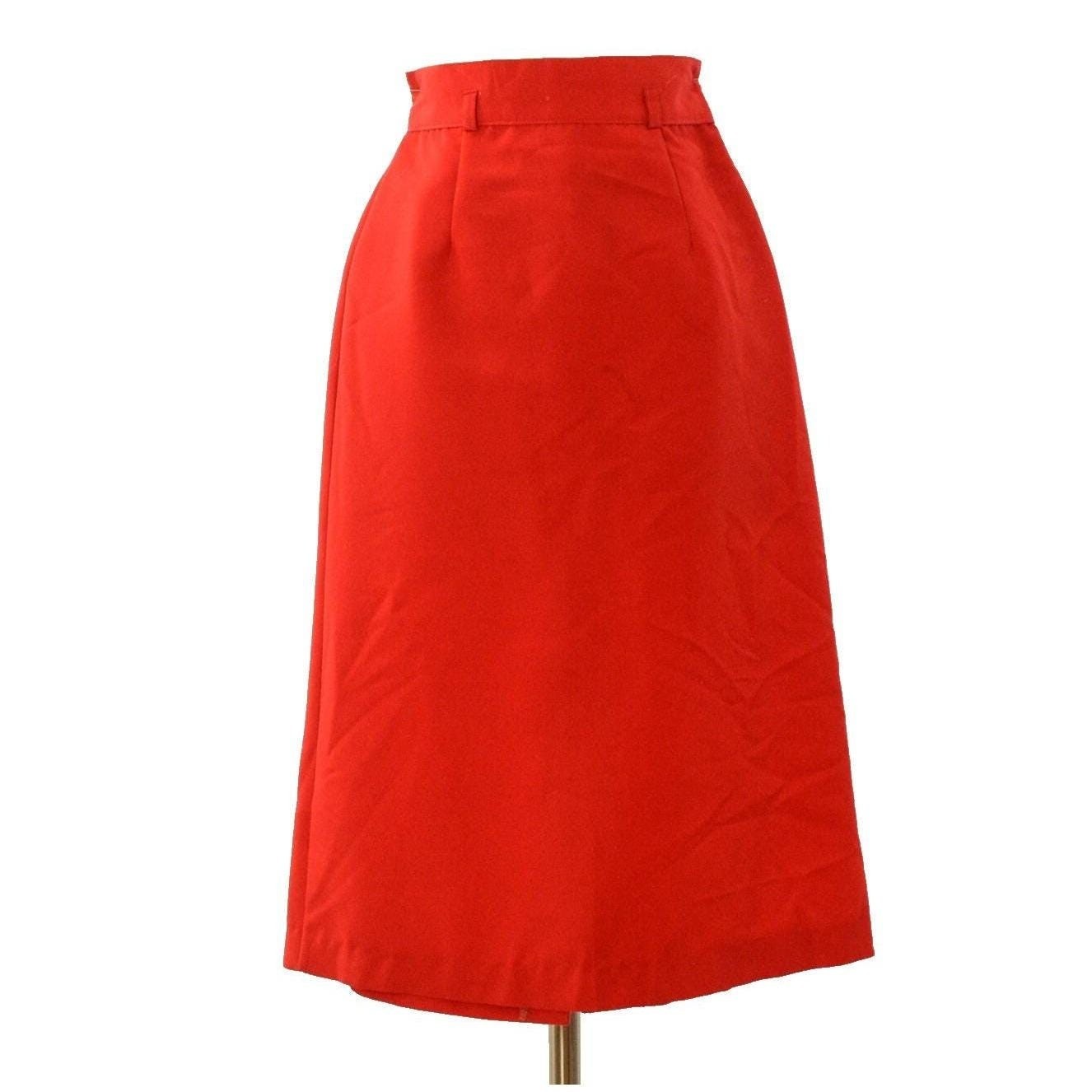 60s Red Button Front Skirt Rockabilly 2XS High Waist Polyester A Line Mod Pin Up