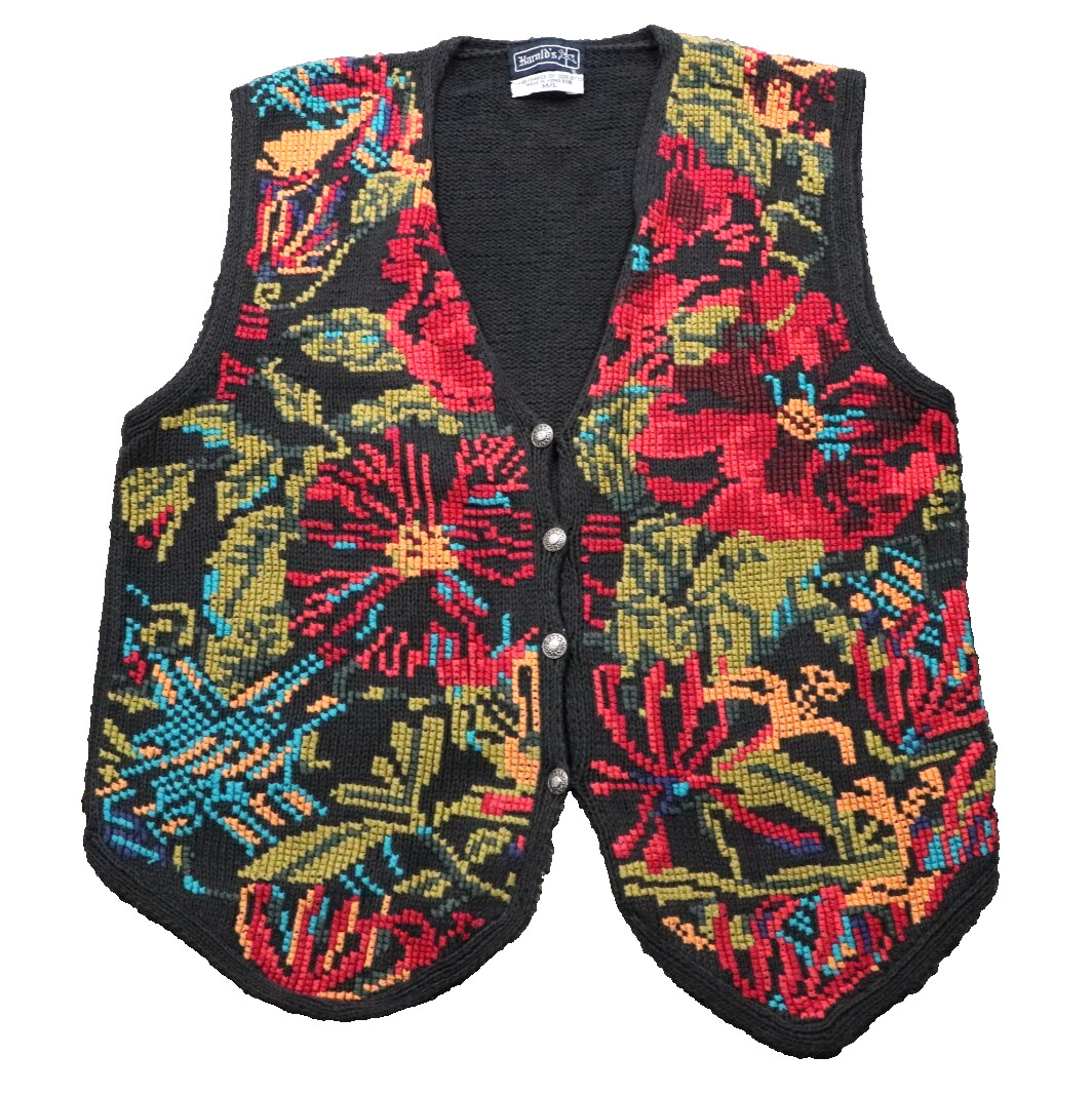 Vintage 80s Harold&rsquo;s Hand Framed Women&rsquo;s Knit Vest Floral Metal Button Boho M/L