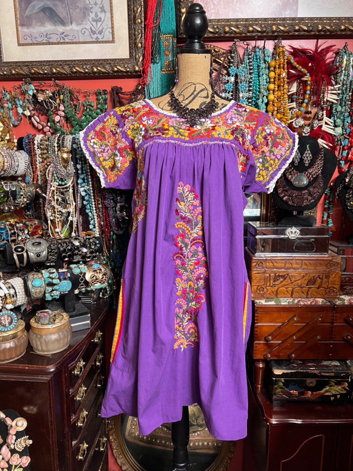 Beautiful Purple Mexico Oaxaca Multi Color Cotton Embroidery White Crochet L/XL