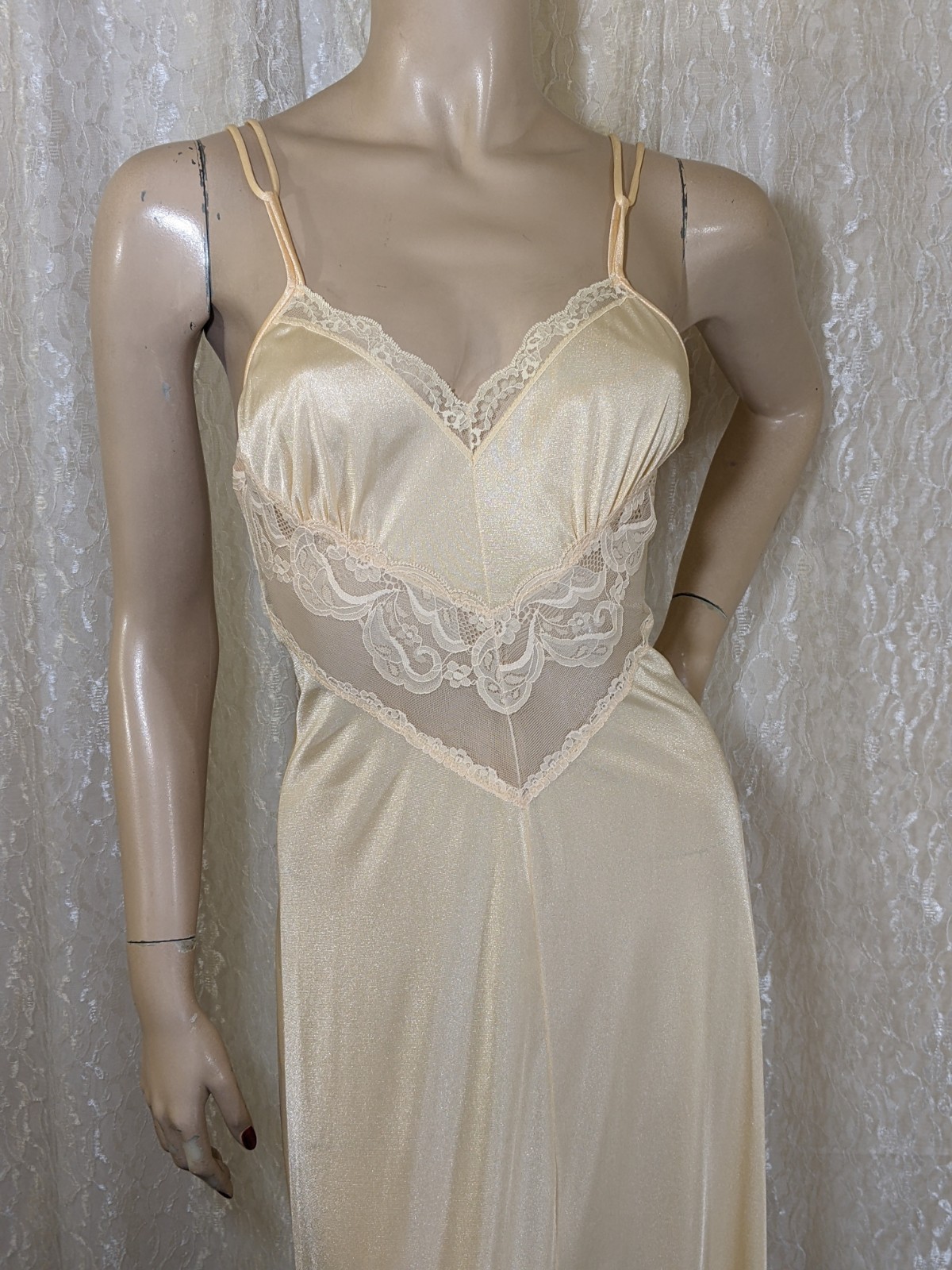VTG Sparkling Nylon Double Straps Lace Lingerie Slit Open Slip Dress Nightgown S