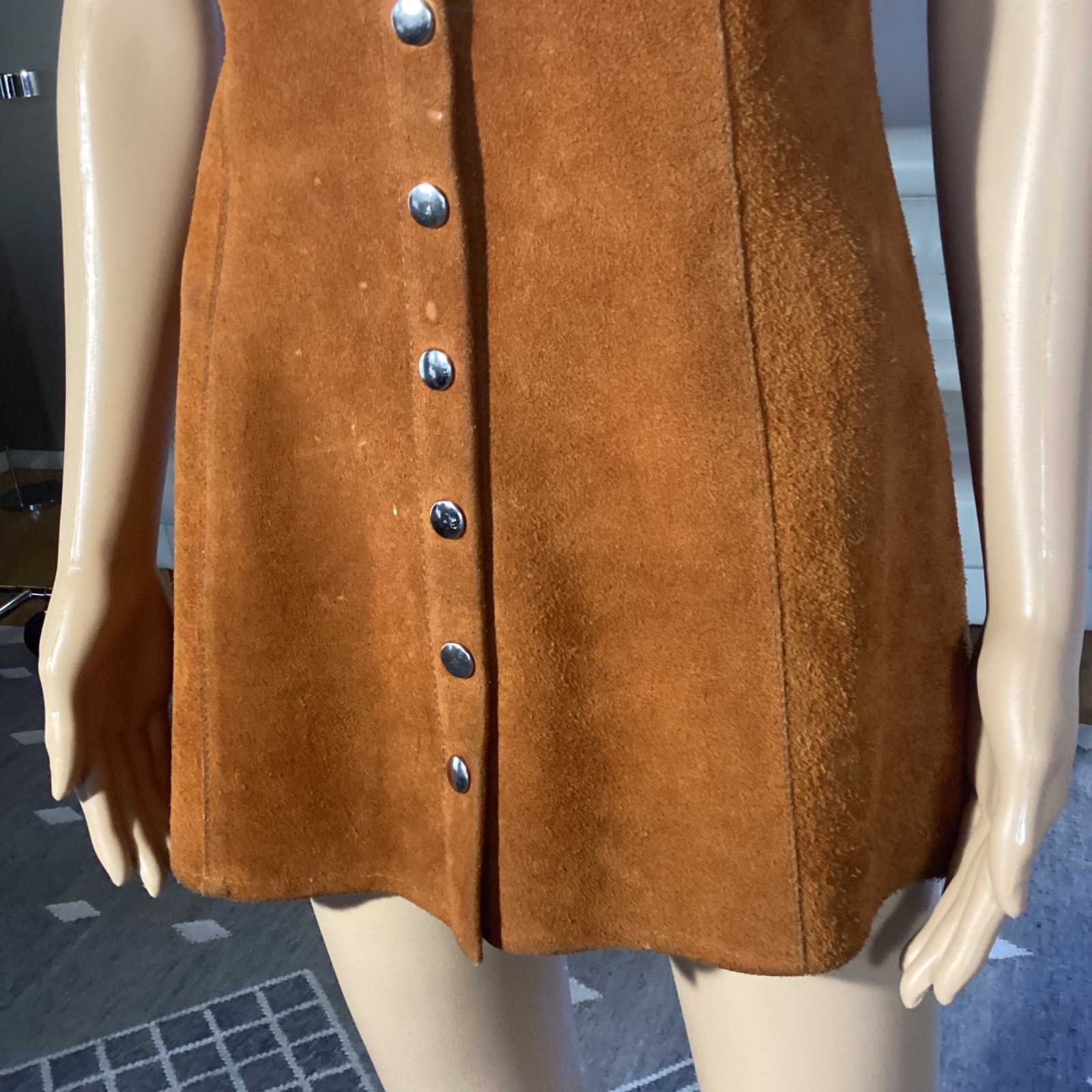 Vintage 1970&rsquo;s Brown Suede Leather Mini Dress Hippie Woodstock XS/S