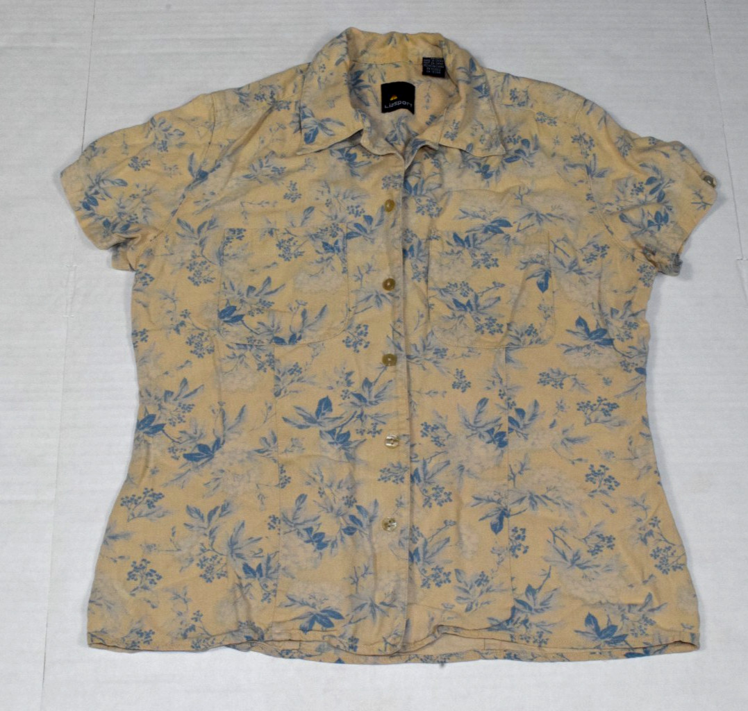 Vintage Womens Shirt Liz Sport Size 4 90s Natural Beige Blue Toile Linen Blend