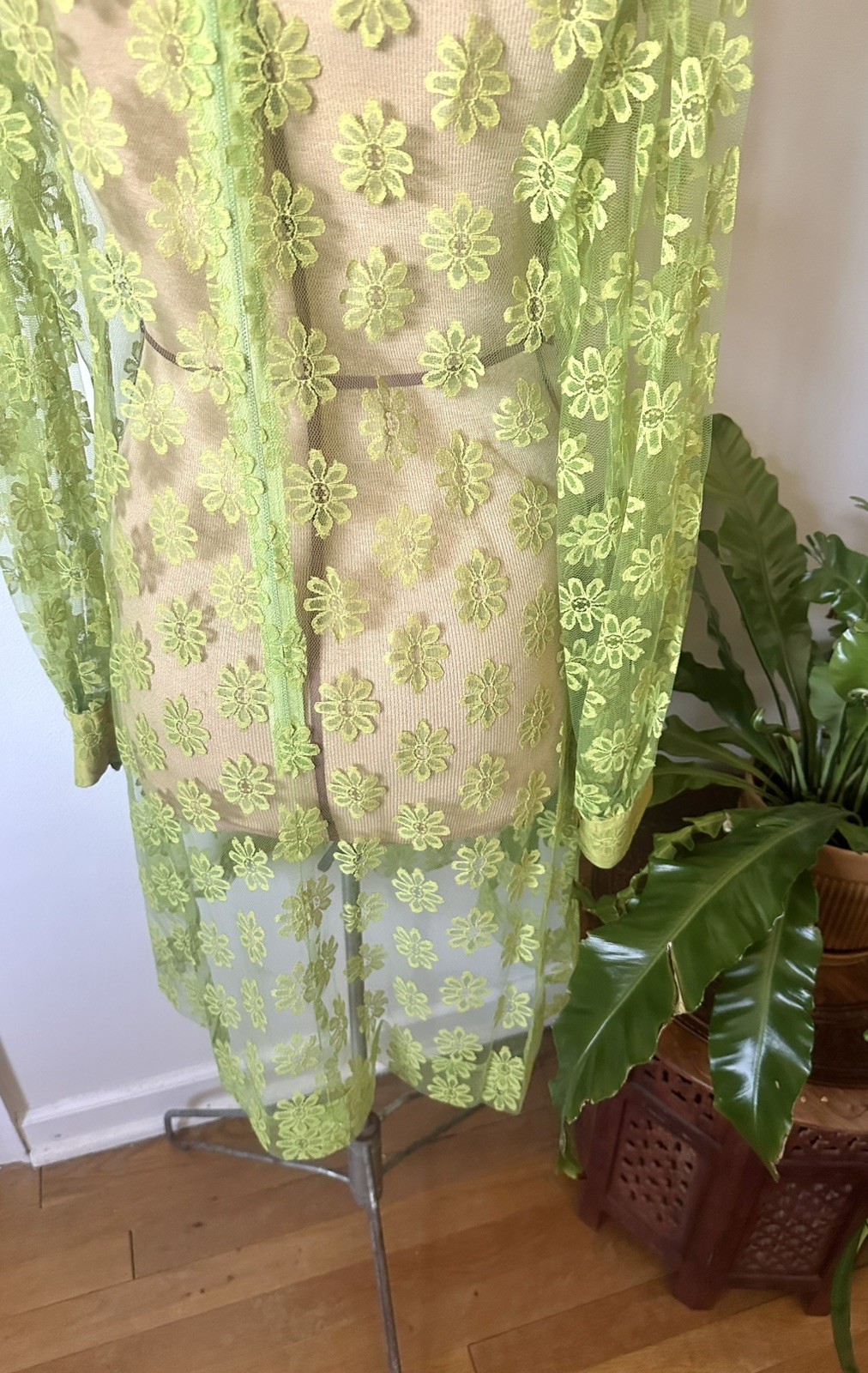 60’s MCM Avocado Green & Yellow Daisy Lace Dress