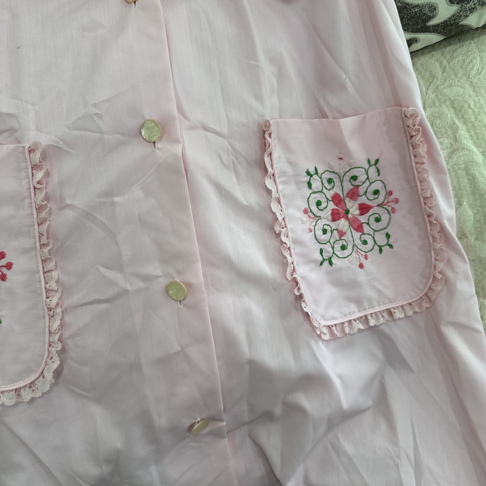 Sears The Comfort Coat Pink Embroidered House Dress Duster Robe Cottagecore Sz16