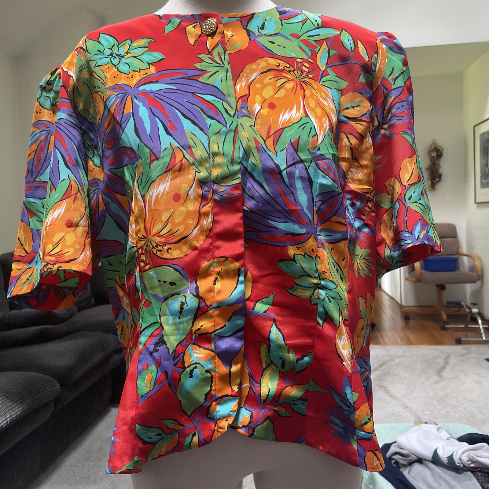 Andrea Gayle Floral Padded Shoulders Short Sleeve Polyester Blouse Size 16