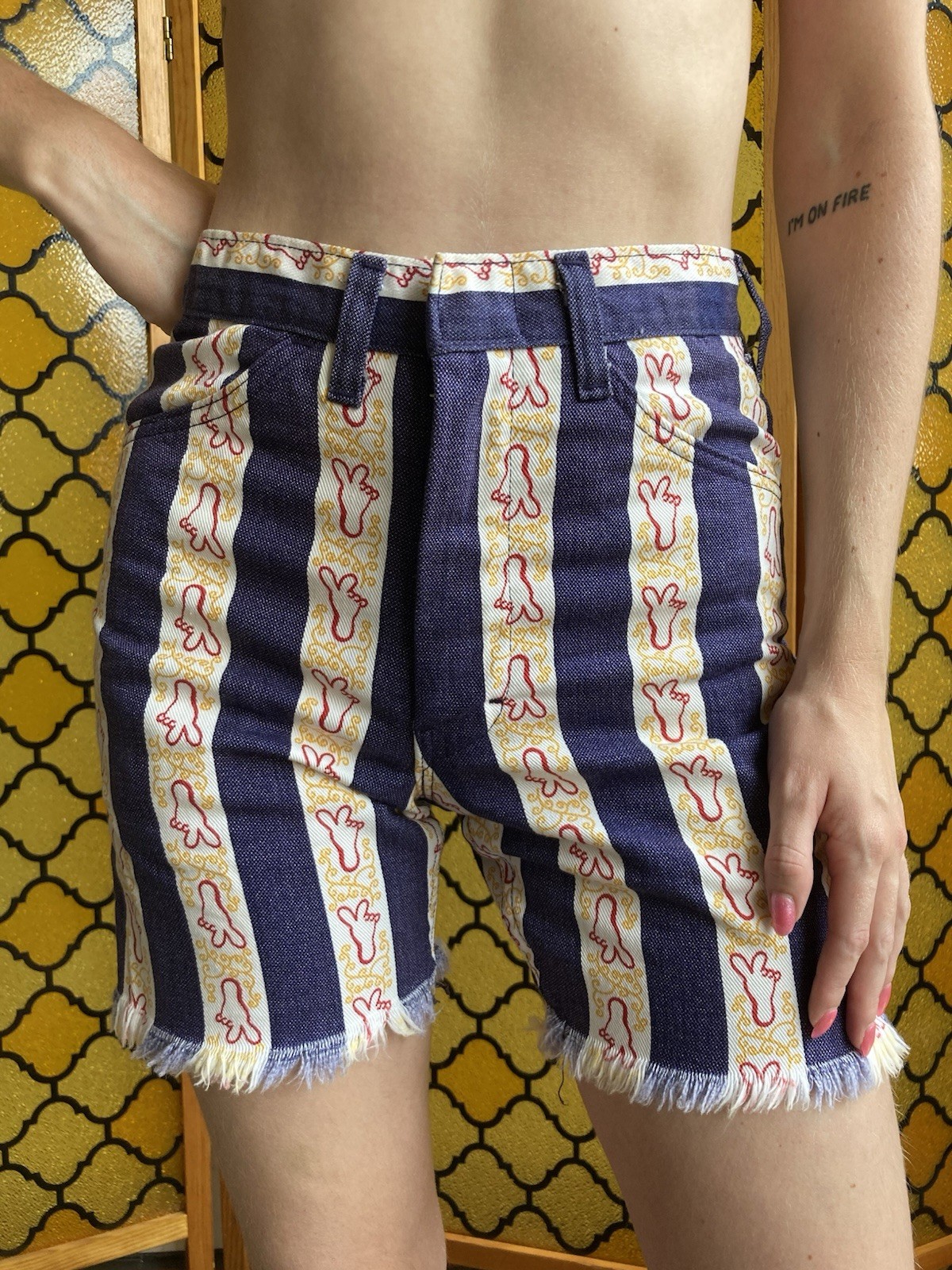 Crazy 1970s High Waisted Shorts with Peace Sign Feet, Waist 26in