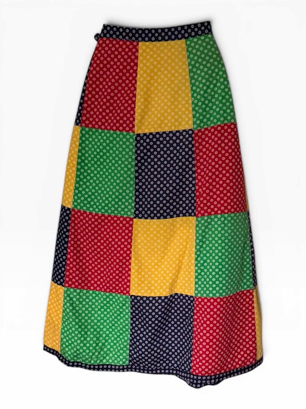 Vintage 70s Najla NY Patchwork Wrap Around Midi Skirt Bright Cotton Lightweight