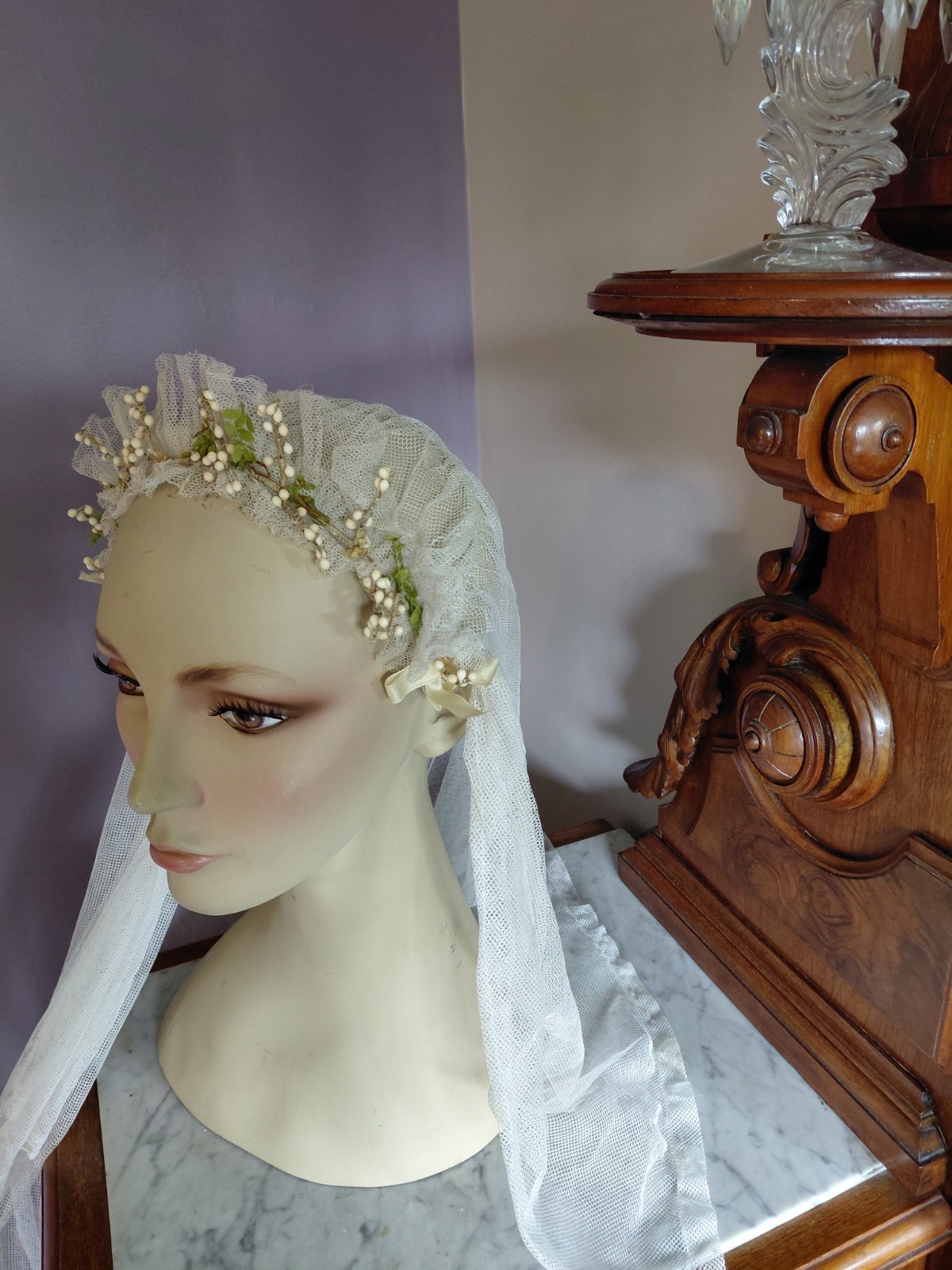 Antique Vintage 1920&rsquo;s Wedding Bridal Veil Wax Orange Blossom Buds Peach Ribbons