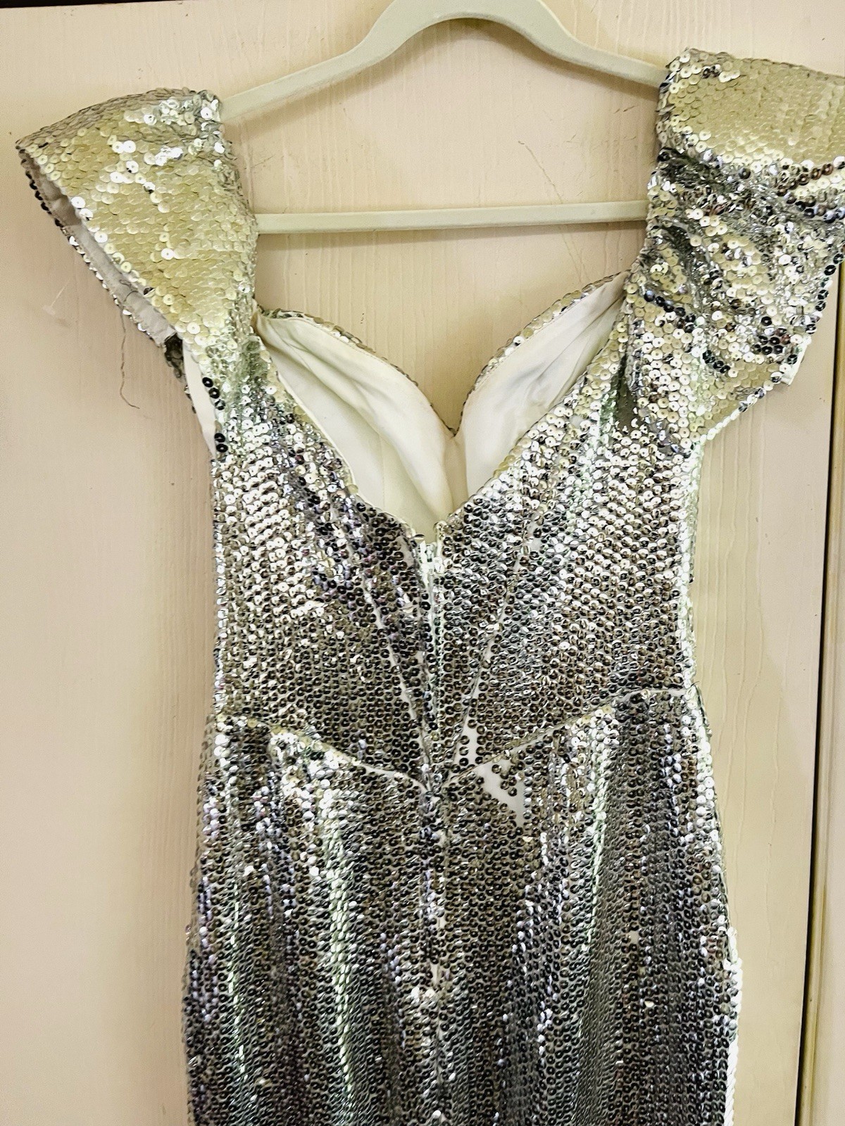 VTG Sequin Wedding Guest Prom Glam 1950s Style Silver Party Gown M