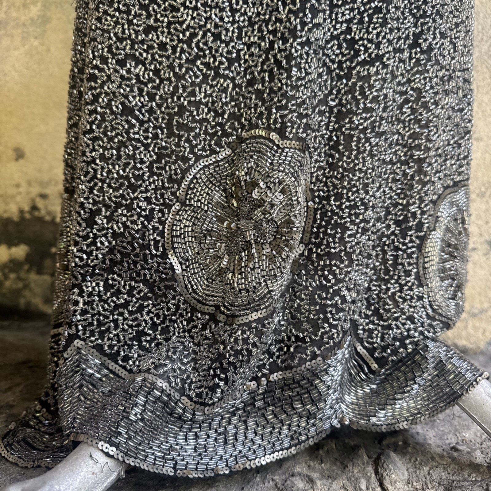 Antique 1920s Completely Silver Icy Beaded Gown Sequins Dress Scalloped Hem VTG