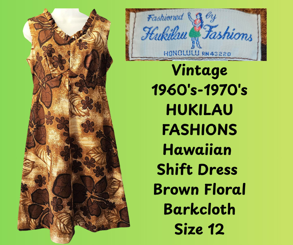 Vintage 1960&rsquo;s-70&rsquo;s HUKILAU FASHIONS Hawaiian Shift Dress Brown Floral Size 12