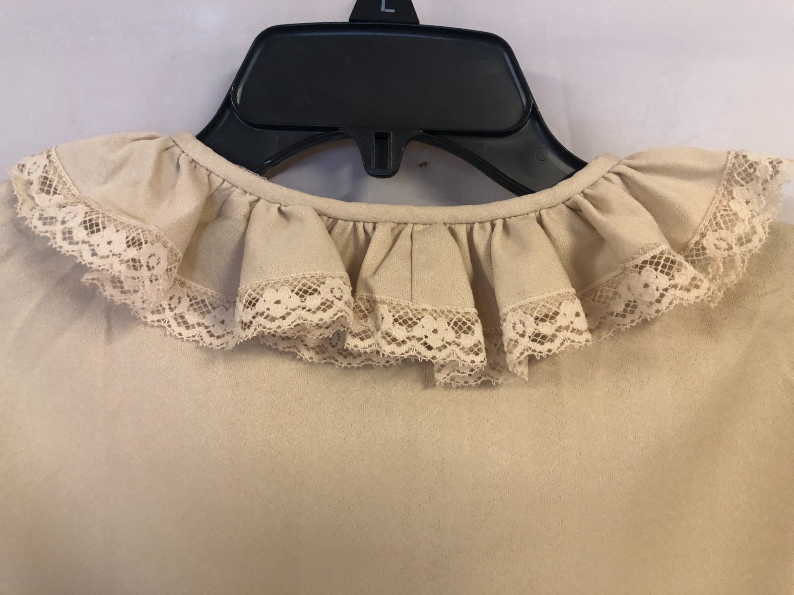Vintage Handmade Beige Blouse Size 39 Chest Ruffled Collar & Sleeves Lace Trim