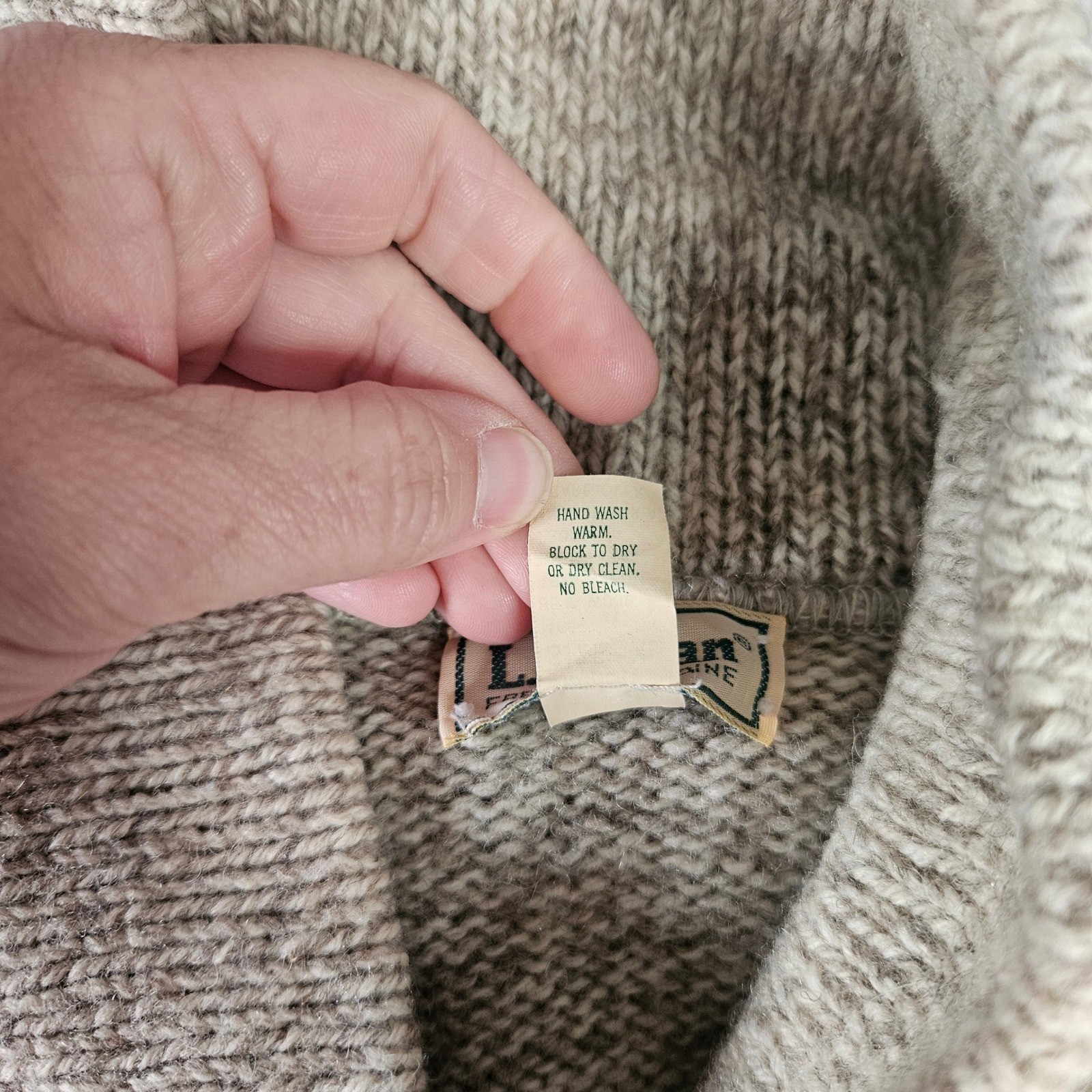 LL Bean Vintage Wool Shawl Collar Sweater Womens XL Oatmeal Tan USA 4669
