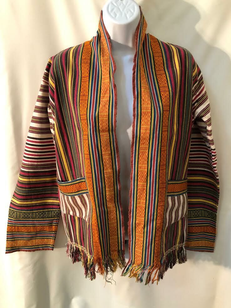 VTG 100% Cotton Woven Tibetan colorful stripe fringed Jacket Kathmandu Nepal