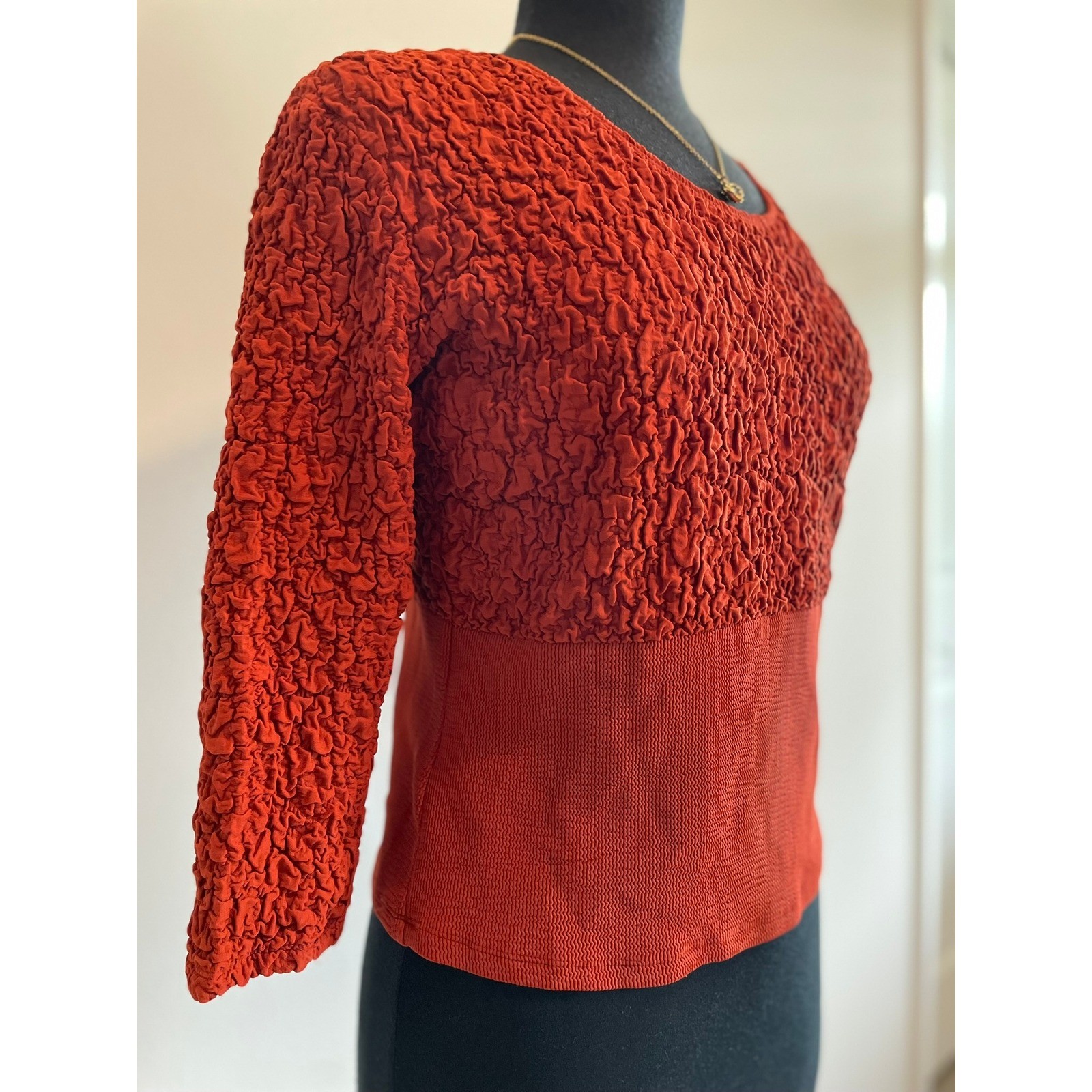 American Vtg Rust Orange Textured 3/4 BOHO Sleeve Blouse Top L