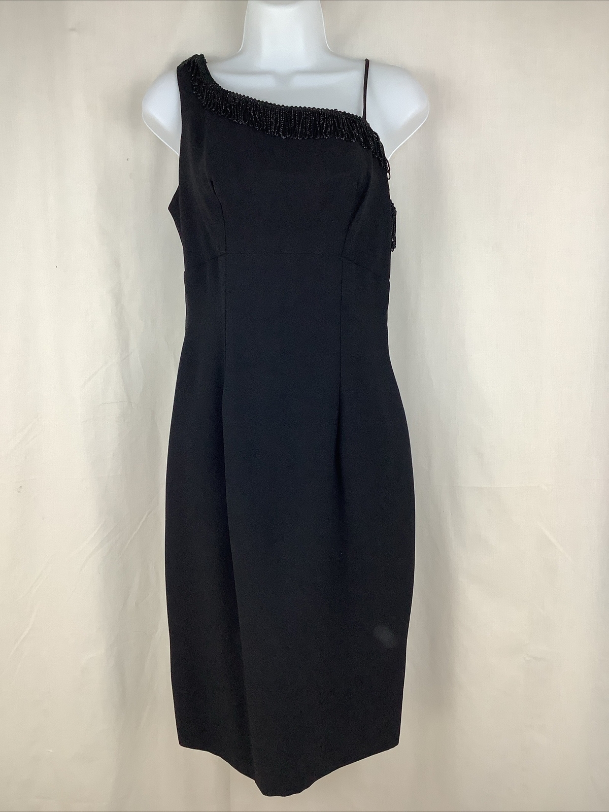 Vintage Roaring 20s Black Mini Pencil Dress Fits Like Sz 6 One Shoulder Chiffon
