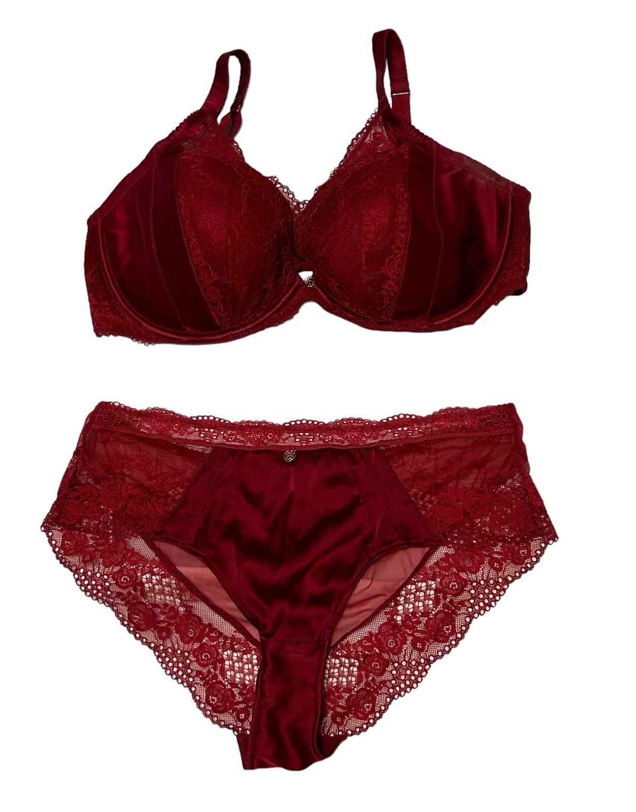 2PC AUTOGRAPH Deep Red Shiny Silky Sheer Satin Lace Panties & Bra 38DD NWOT