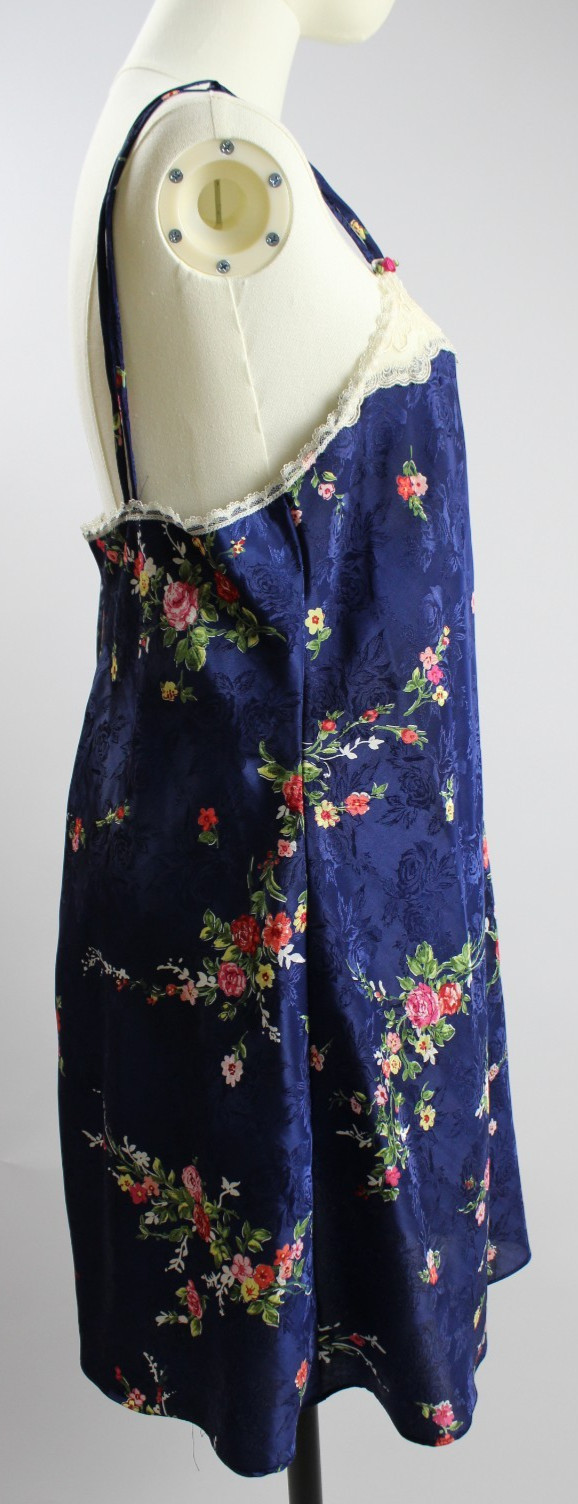 Vintage Inner Most Blue Short Nightgown – Sz M Floral Satin, Lace Trim