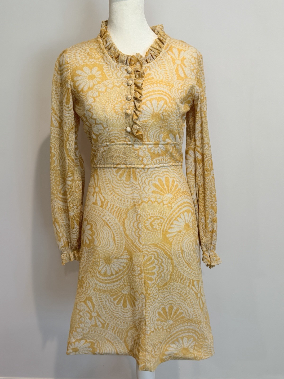 Vintage 60s/70s Mod Mini Dress Yellow Bold Floral Boho Prairie