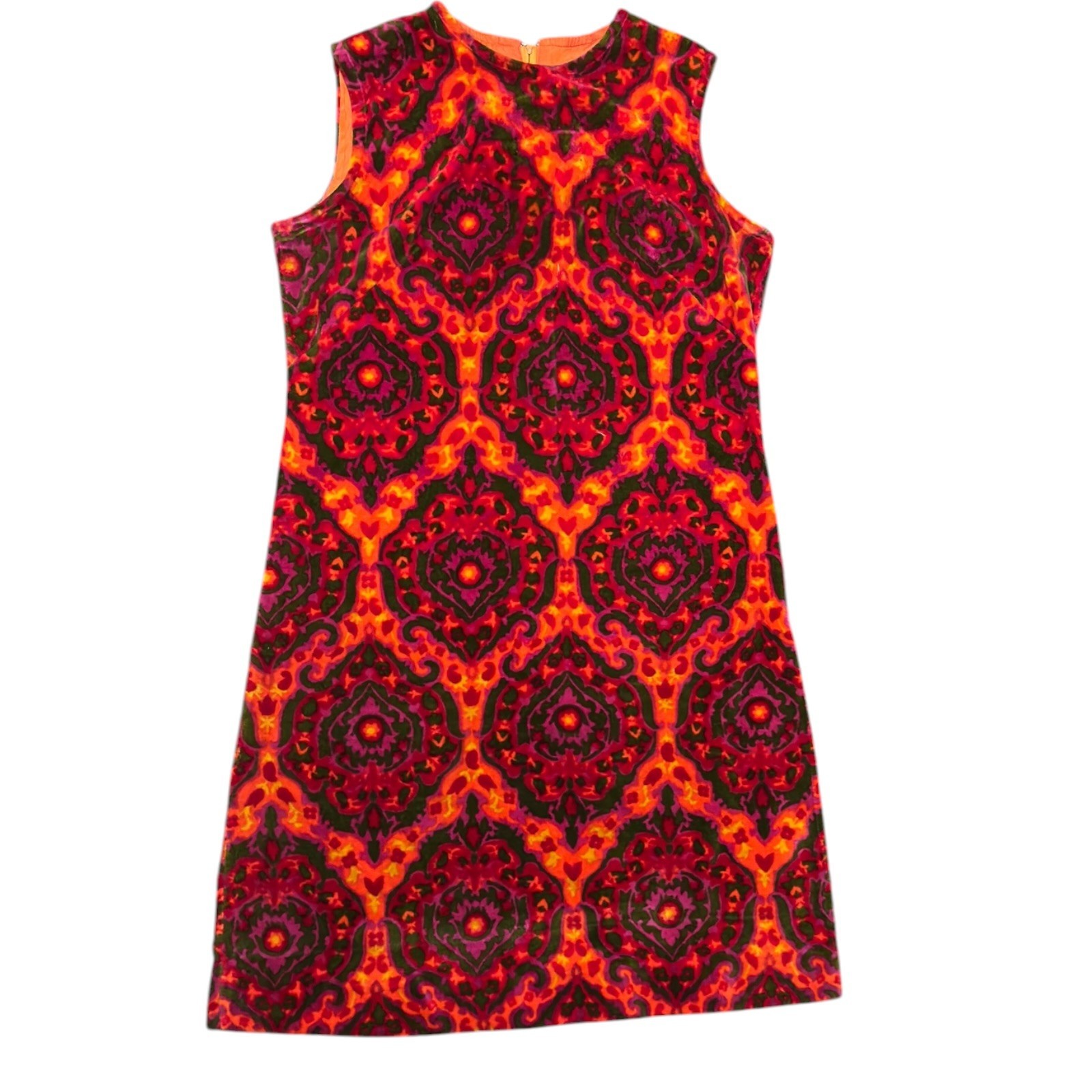 Vintage 60s Psychedelic MOD Sleeveless Dress Velour Zip Up Back Tapestry XL 14